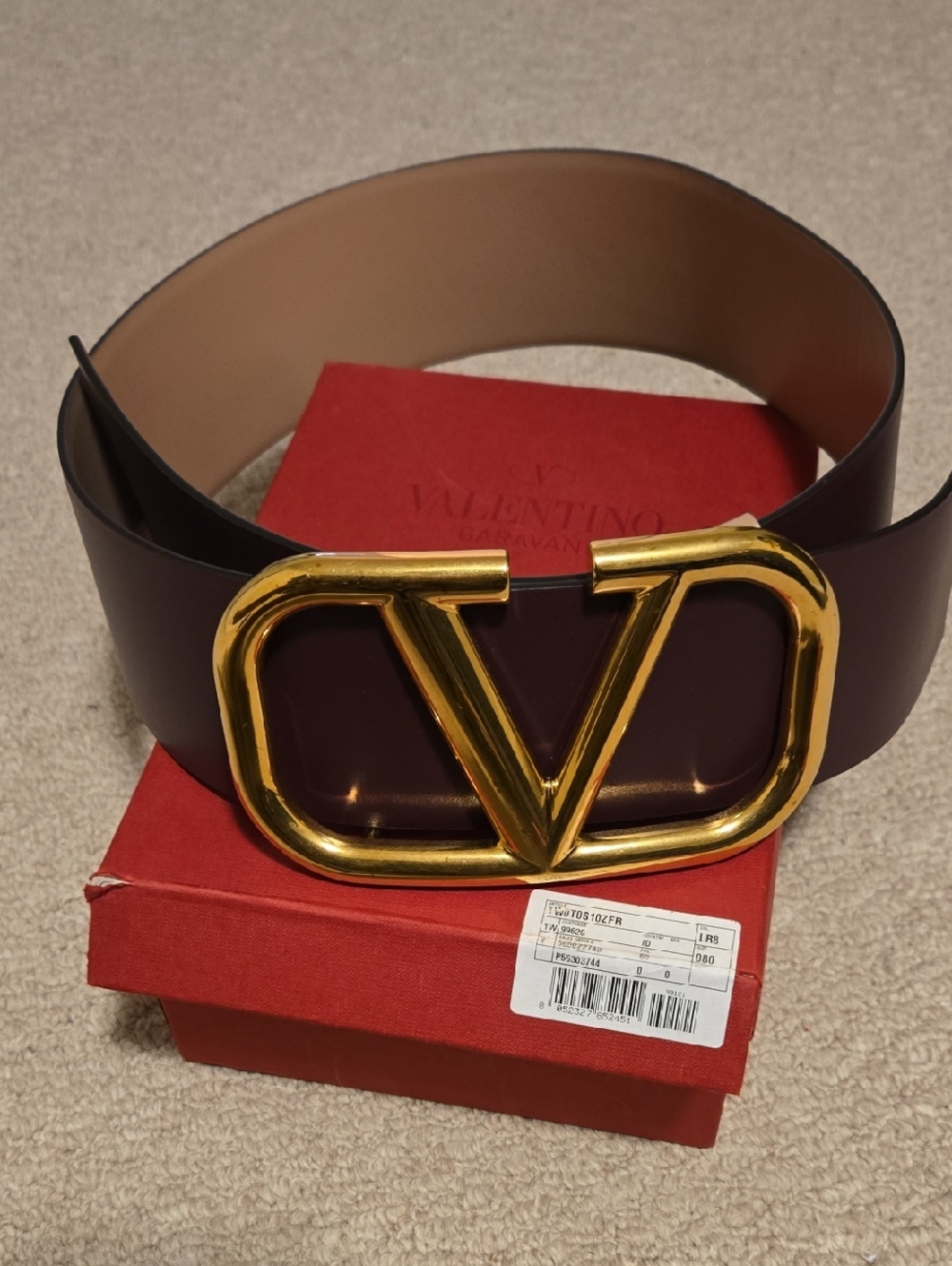 Valentino Garavani Wide Burgundy Leather Belt with Gold V Buckle